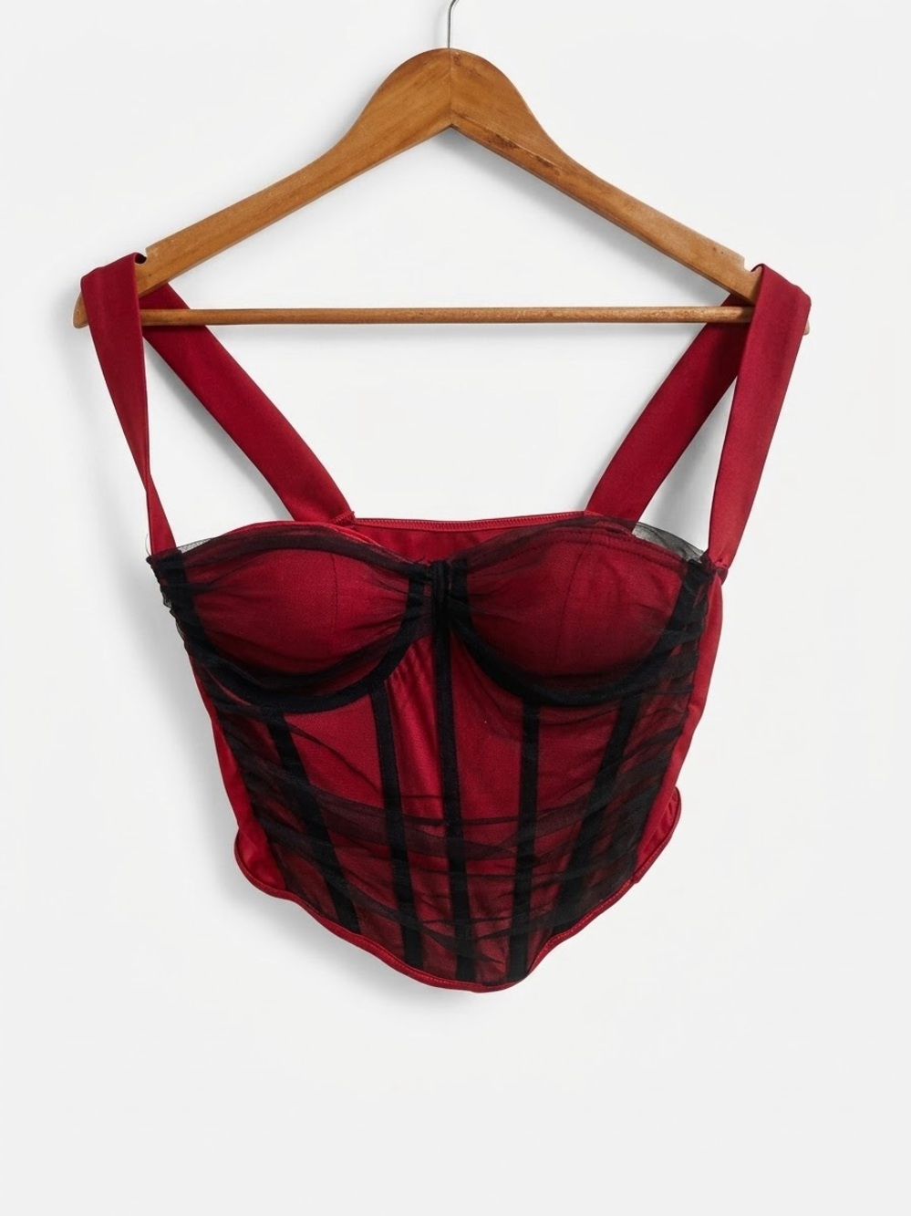 Red Bustier Corset Top with Black Mesh Size Large